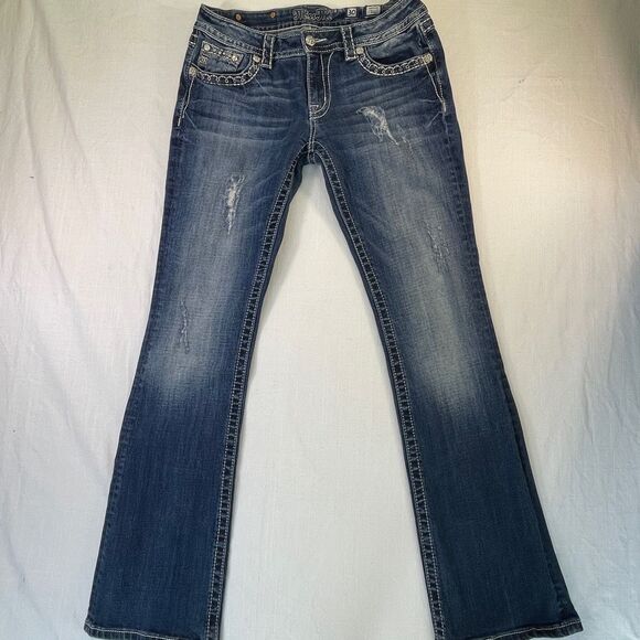 Miss Me Denim - Miss Me Blue Embellish Pocket Flap Mid Rise Distressed Bootcut Jeans Size 30